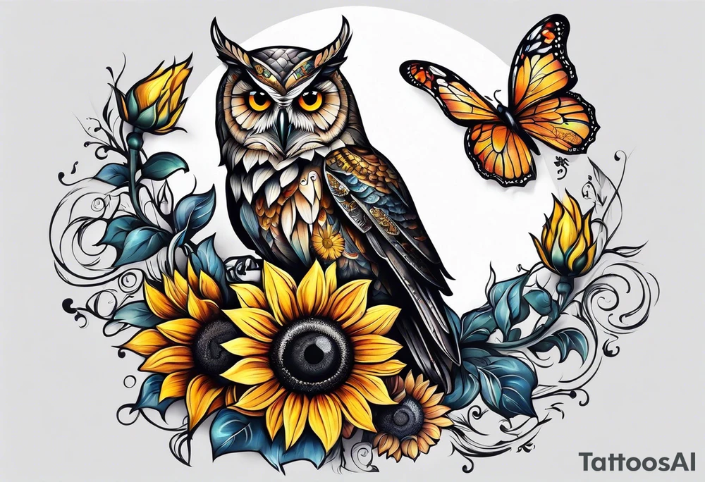 Owl sunflower and butterfly half sleeve tattoo idea