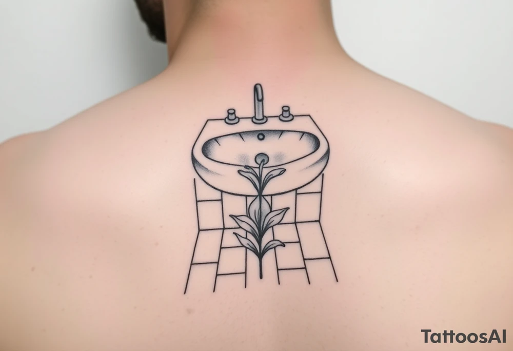 bathroom sink on tile floor with lily coming up out of the floor tattoo idea