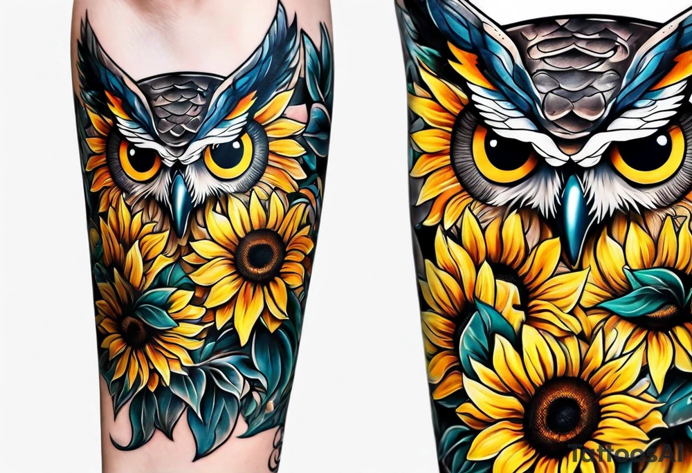 Arm sleeve with an owl surrounded by sunflowers with a butterfly on the sunflower tattoo idea