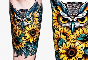 Arm sleeve with an owl surrounded by sunflowers with a butterfly on the sunflower tattoo idea