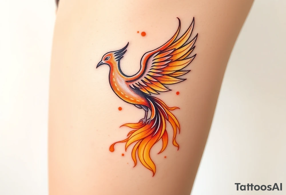 magnificent phoenix rising from golden flames with trailing embers tattoo idea