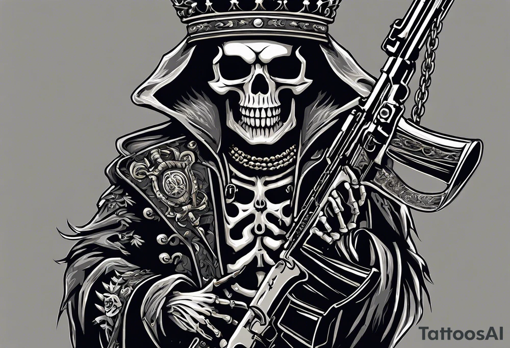 image of a skeleton standing frontally with a crown on his head, holding an AK-47 on his shoulder with his right hand. The chain on the left should be taut, there are three angry barking Dobermans in it, near the waist tattoo idea