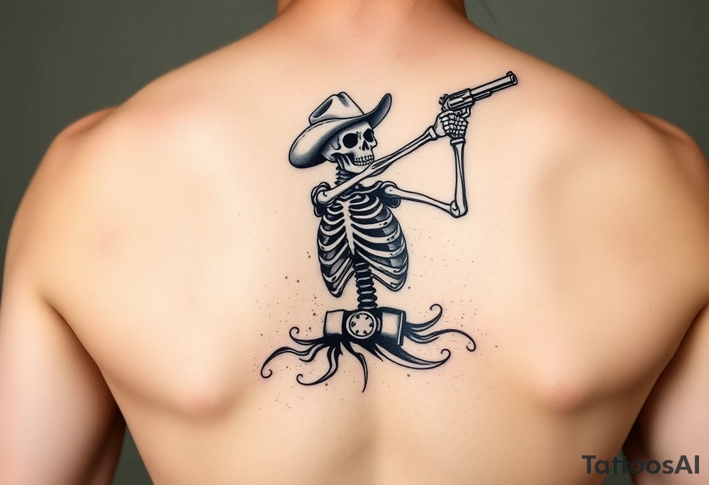 Cowboy skeleton shooting a gun in the air tattoo idea