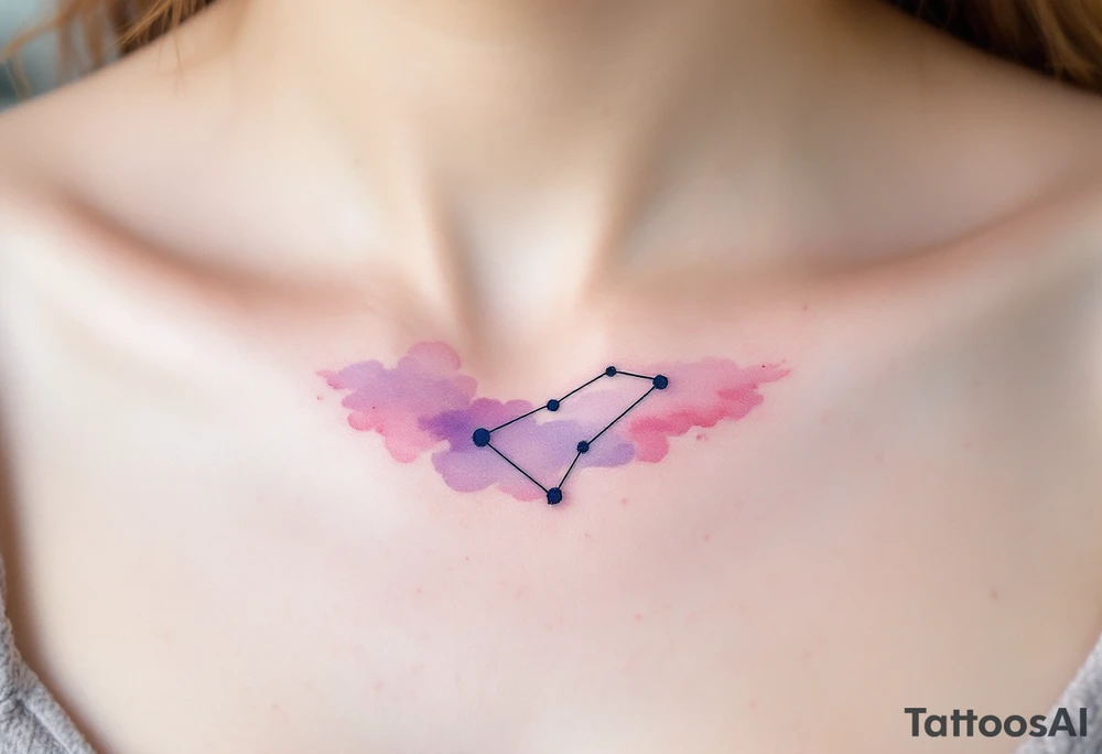 A soft pastel rendering of the Capricorn constellation on the collarbone, with pink and lavender clouds behind it. tattoo idea