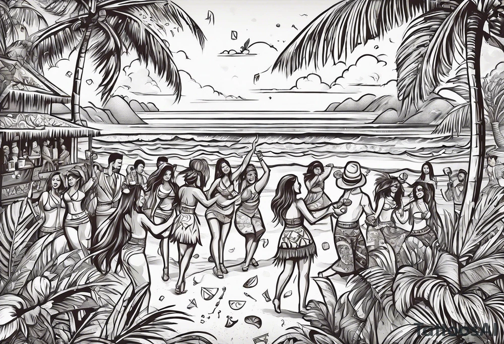 TIKI beach  dance party scene with tropical drinks, sexy girls dancing, music notes, confetti tattoo idea