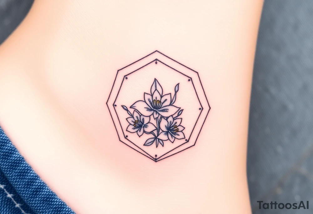 Faint Hexagon with Leo, larkspur and water lilies in the center tattoo idea