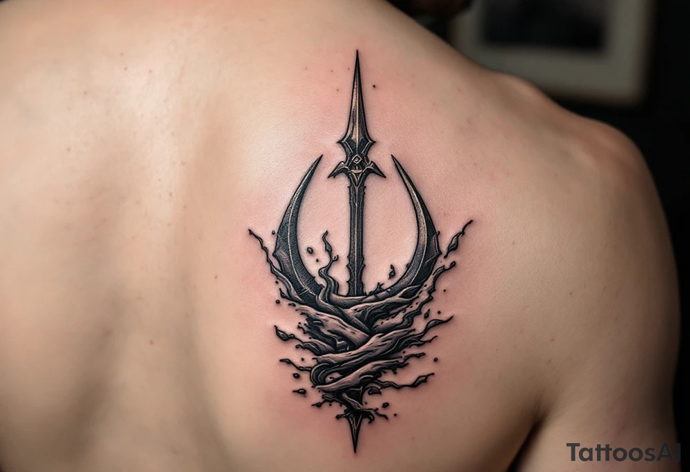 trident half way under water tattoo idea