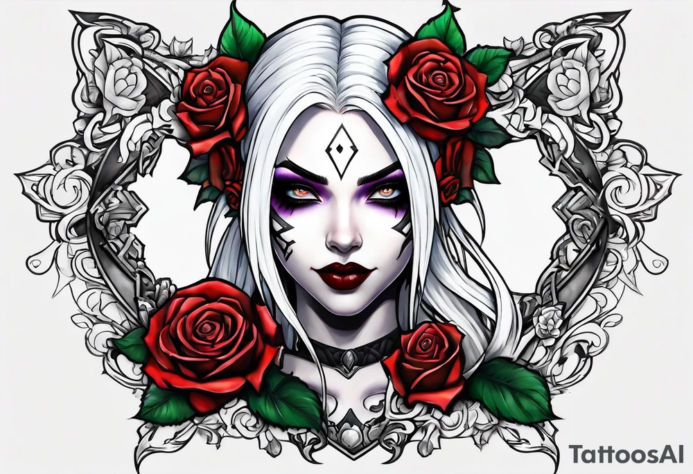 night elf designed like harley quin with white hair and roses tattoo idea