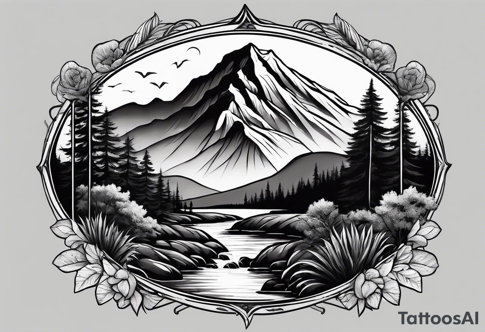 nature landscape with a waterfall and mountains tattoo idea