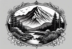 nature landscape with a waterfall and mountains tattoo idea