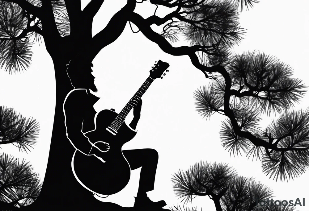 silhouette of a man playing electric guitar while sitting in a pine tree. tattoo idea