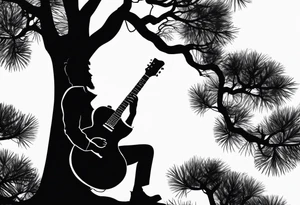 silhouette of a man playing electric guitar while sitting in a pine tree. tattoo idea