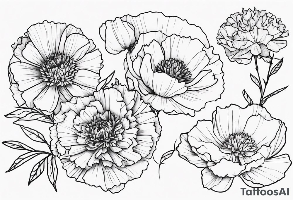 Top view flower arrangement of a carnation aster and violet tattoo idea