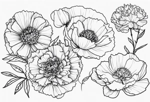 Top view flower arrangement of a carnation aster and violet tattoo idea