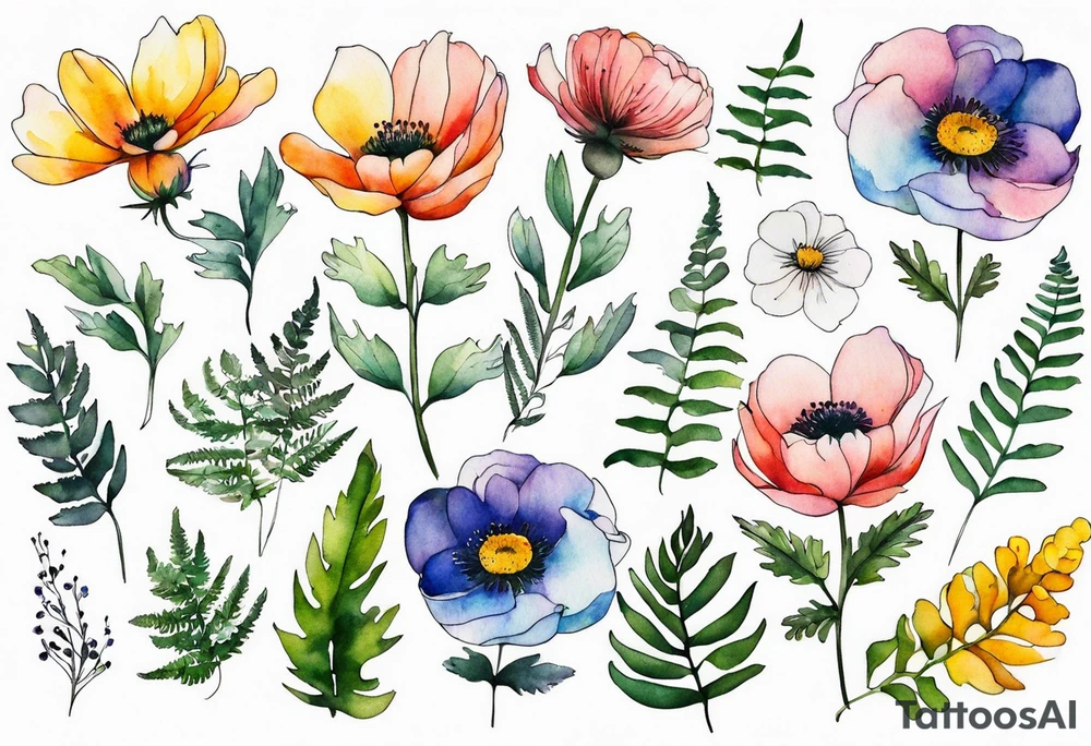 Minimalist Multicolored wild flowers with ferns and white anemone all watercolor tattoo idea