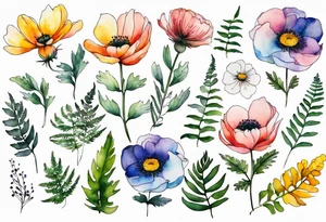Minimalist Multicolored wild flowers with ferns and white anemone all watercolor tattoo idea