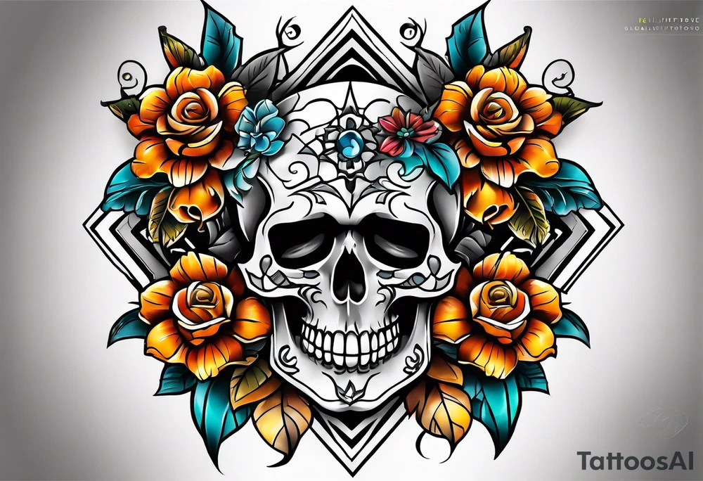 Old school center Knee tattoo with skulls, various flowers, water shapes and fall colors tattoo idea