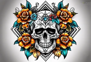 Old school center Knee tattoo with skulls, various flowers, water shapes and fall colors tattoo idea