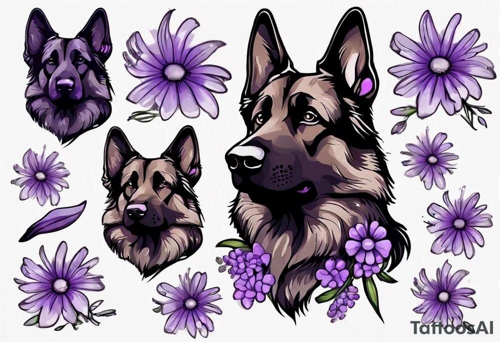 Dark brown German shepherd with purple daisies tattoo idea