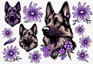 Dark brown German shepherd with purple daisies tattoo idea