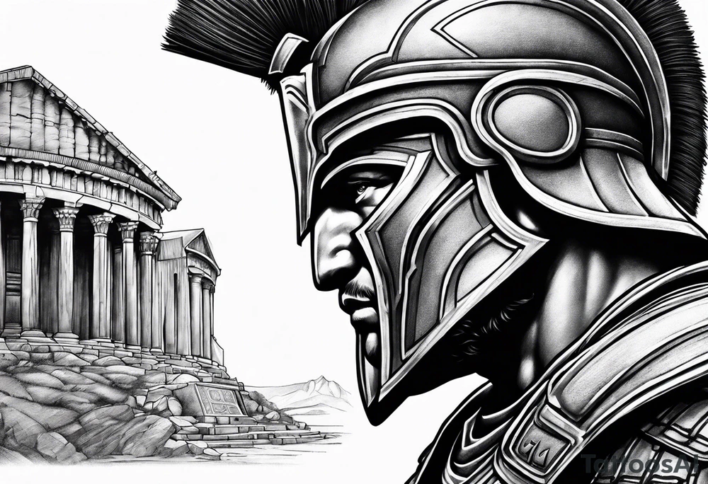Side profile of spartan soilder with pantheon in background tattoo idea