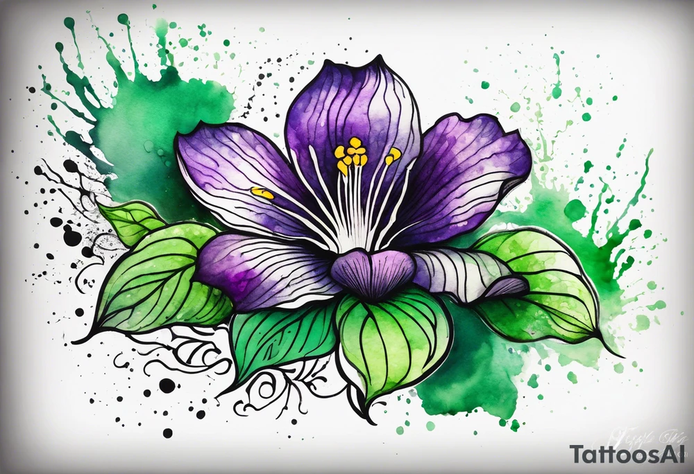 A mystical outline of a rio dipladenia flower and a green and purple watercolor splash in the background tattoo idea