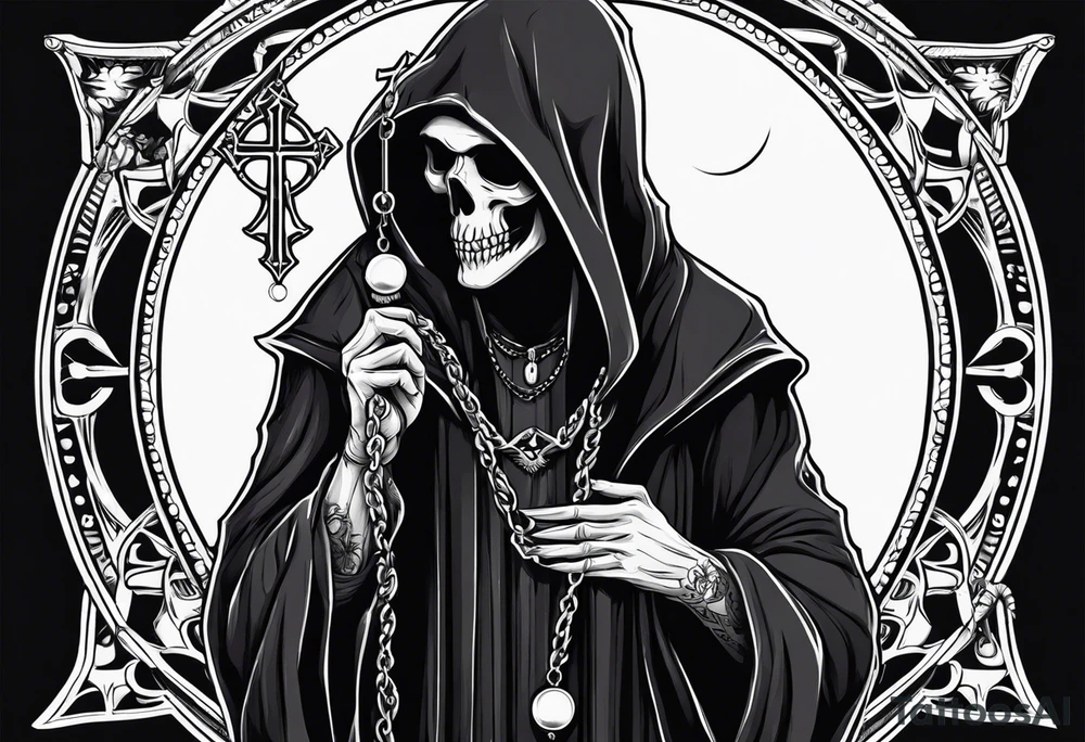 Grim reaper holding rosary with creepy design tattoo idea