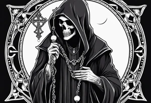 Grim reaper holding rosary with creepy design tattoo idea
