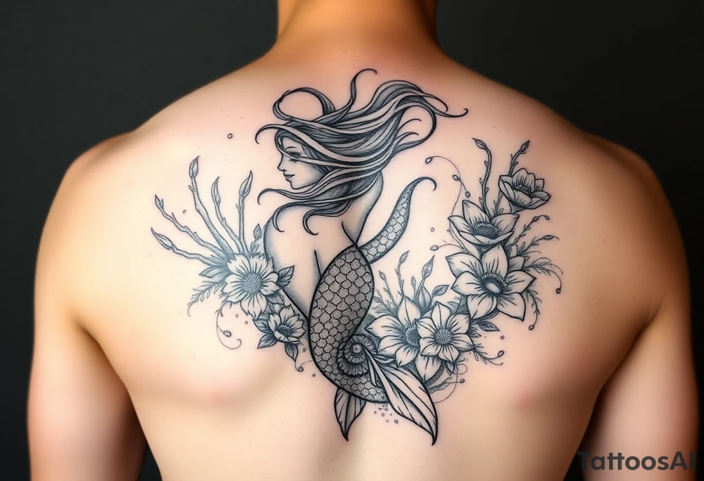 ethereal mermaid with flowing hair among coral and sea flowers tattoo idea