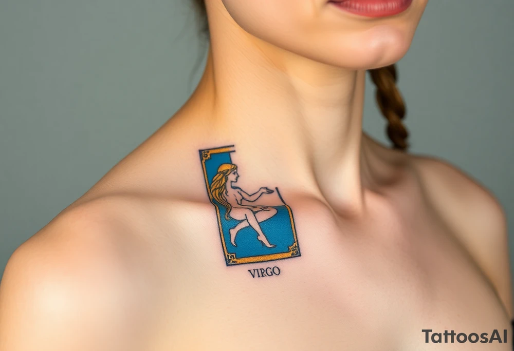 A tarot card featuring the Virgo symbol, with intricate gold detailing and a rich deep blue background tattoo idea