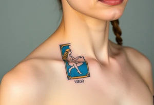 A tarot card featuring the Virgo symbol, with intricate gold detailing and a rich deep blue background tattoo idea