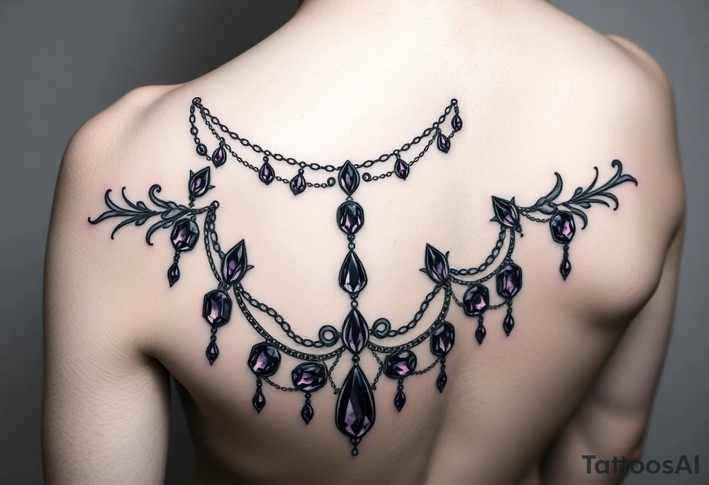 Gothic jewelry draping fine line with amethyst jewels around the front of the neck extending down the chest onto the left shoulder on a woman tattoo idea