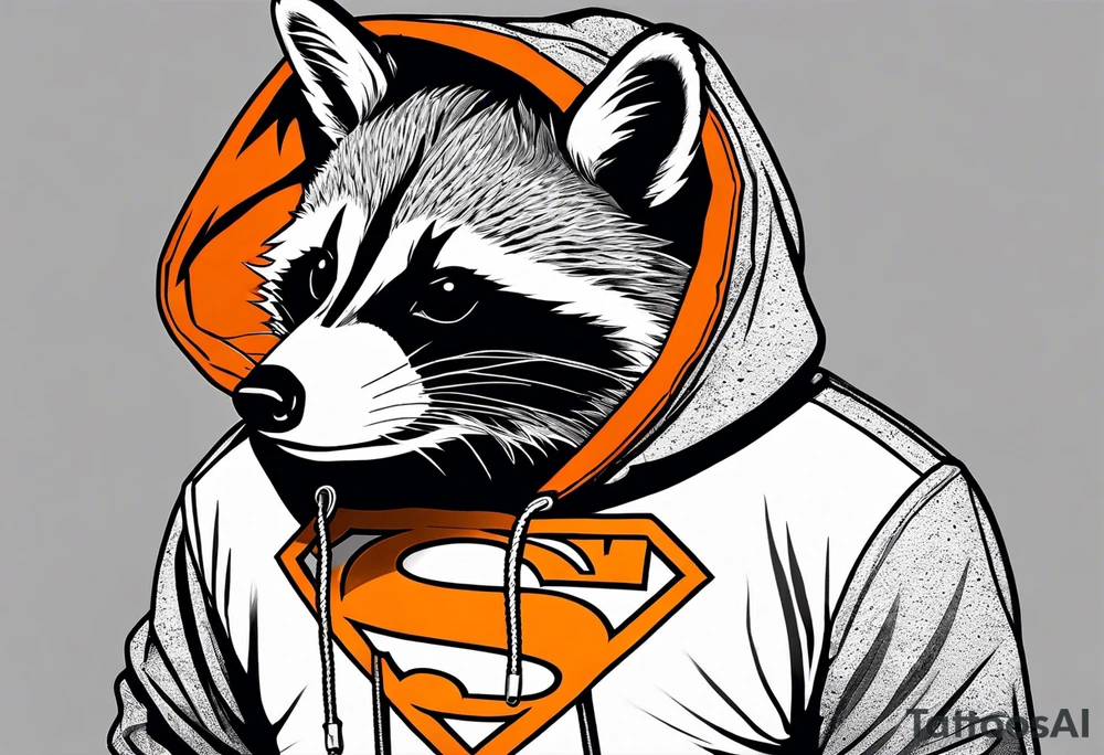 Raccoon wearing an orange Superman hoodie tattoo idea