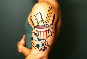 Childhood memories of a book, a bucket and spade, a football, a cricket bat, a teabag, a biscuit, a comic, a cartoon from the album Dookie tattoo idea