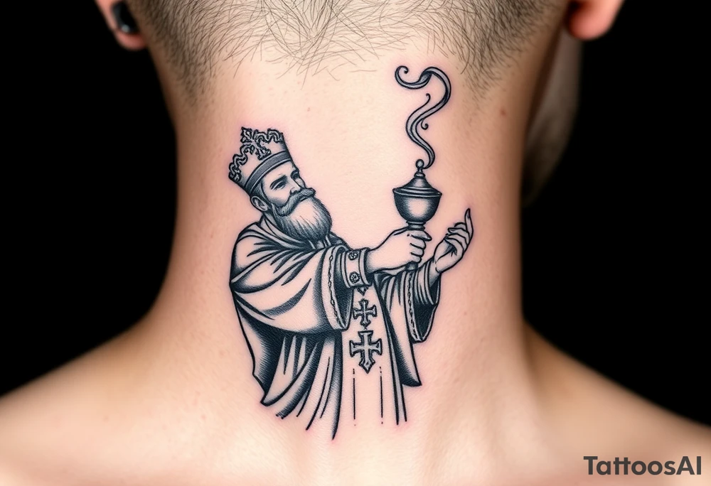 Russian Orthodox Priest in a fully detailed gold vestment swinging a censer with smoke curling upward tattoo idea