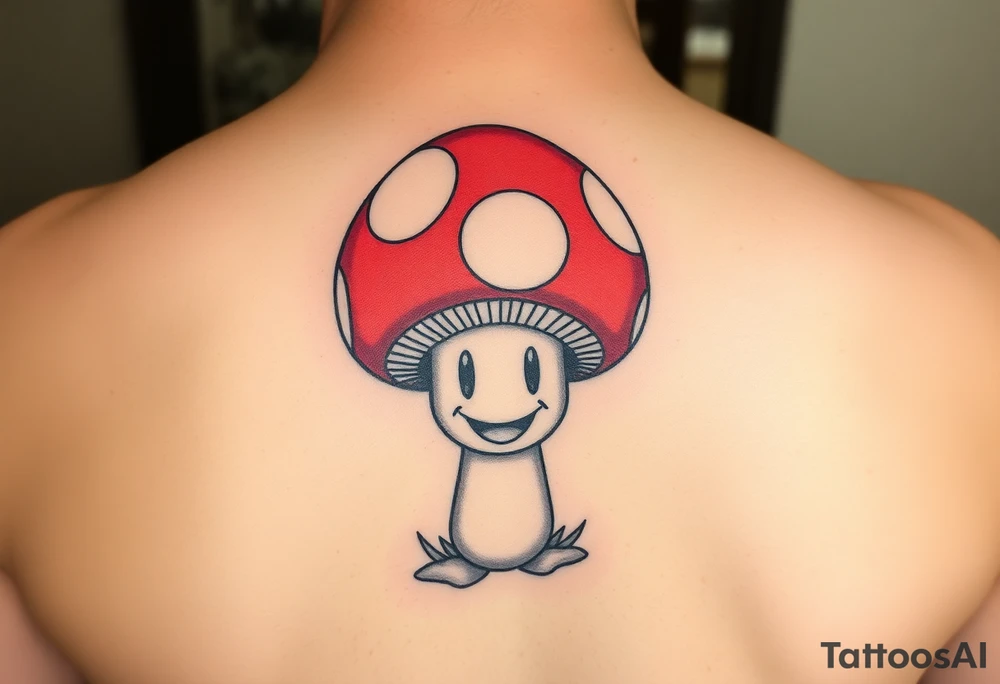 A POWERFUL AND UNIQUE MUSHROOM.. THE MUSHROOM IS PSYCHADELLIC AND GROVING A HAPPY FACE. THE MUSHROOM HAS A SIMPLE SMILING HAPPY FACE IN THE STEM. THE CAP IS LARGE AND RESEMBLES TOAD FROM MARIO. THE CAP OF THE MUSHROOM IS RED. THERE ARE WHITE SPOTS ON THE CAP OF THE MUSHROOM. THE WHITE SPOTS ON THE CAP OF THE MUSHROOM SPELL THE WORD LYLA. tattoo idea