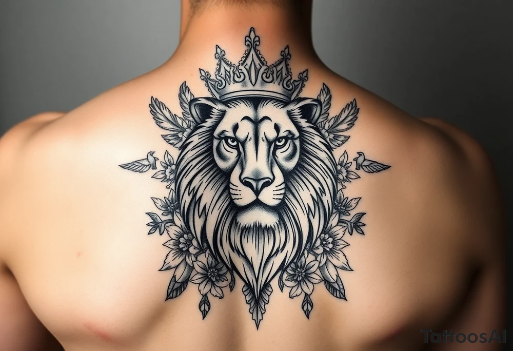 powerful majestic lion with a crown, surrounded by floral ornaments and birds tattoo idea