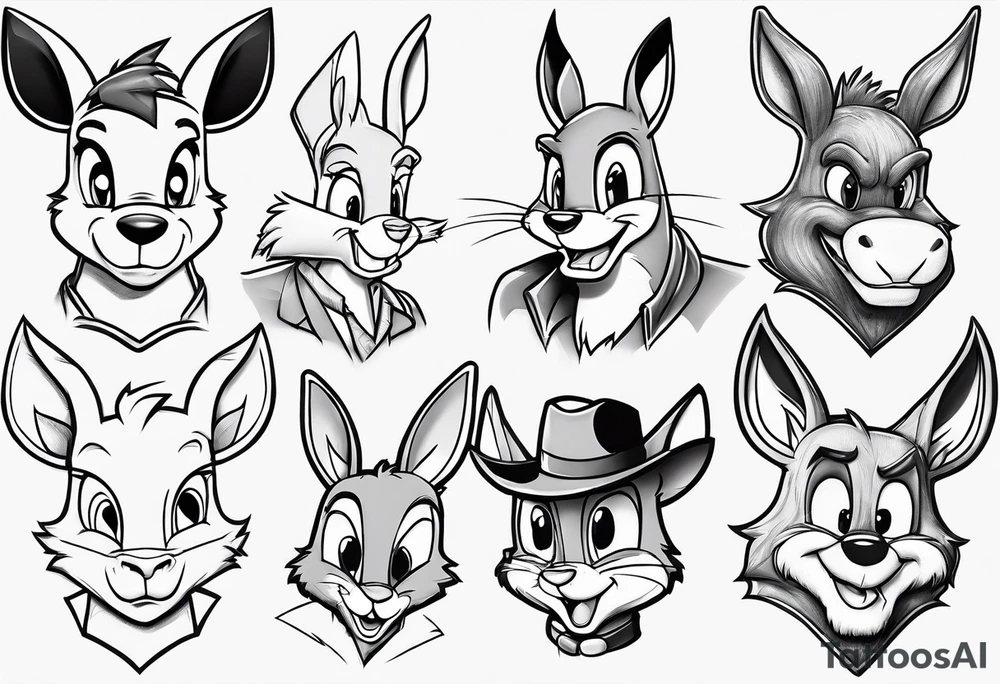 draw a sketch of a calf tattoo with cartoon characters from the 90s: Bart Simson, well, wait, Jerry, Kenny Souzpark, Bugs Bunny, Chip and Dale, spider-Man, Batman, Pikachu, Bender from futurama, Stu Griffins in the style of jealousy tattoo idea