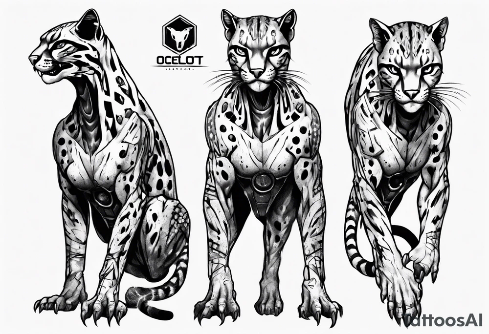 cybernetic ocelot full body roar tattoo idea