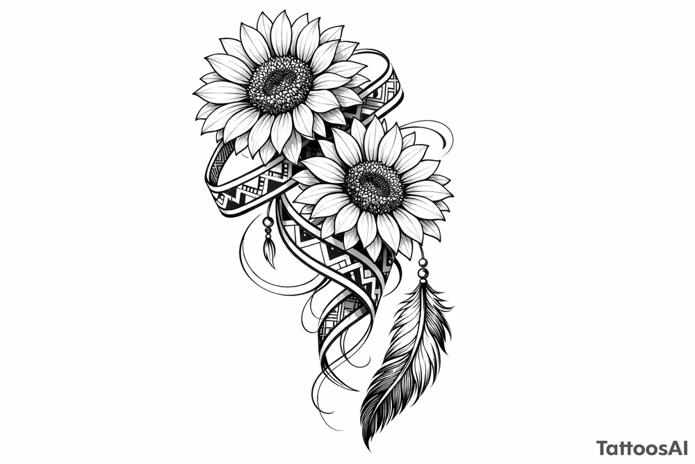 2 cascading sunflowers wrapped in Native American ribbon with a feather tattoo idea