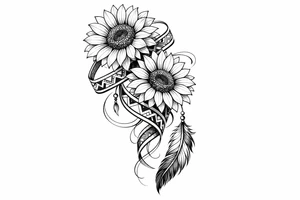 2 cascading sunflowers wrapped in Native American ribbon with a feather tattoo idea