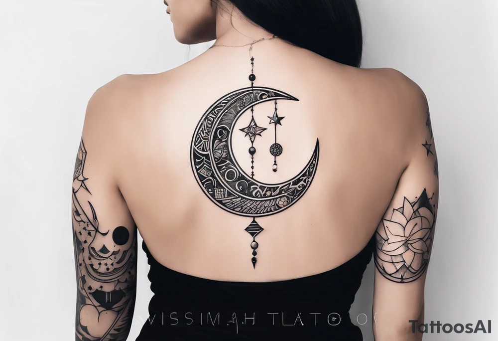 Long narrow spine tattoo. Includes moon, stars and ancient symbols. Minimal design tattoo idea