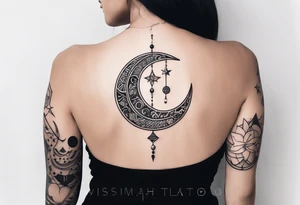 Long narrow spine tattoo. Includes moon, stars and ancient symbols. Minimal design tattoo idea