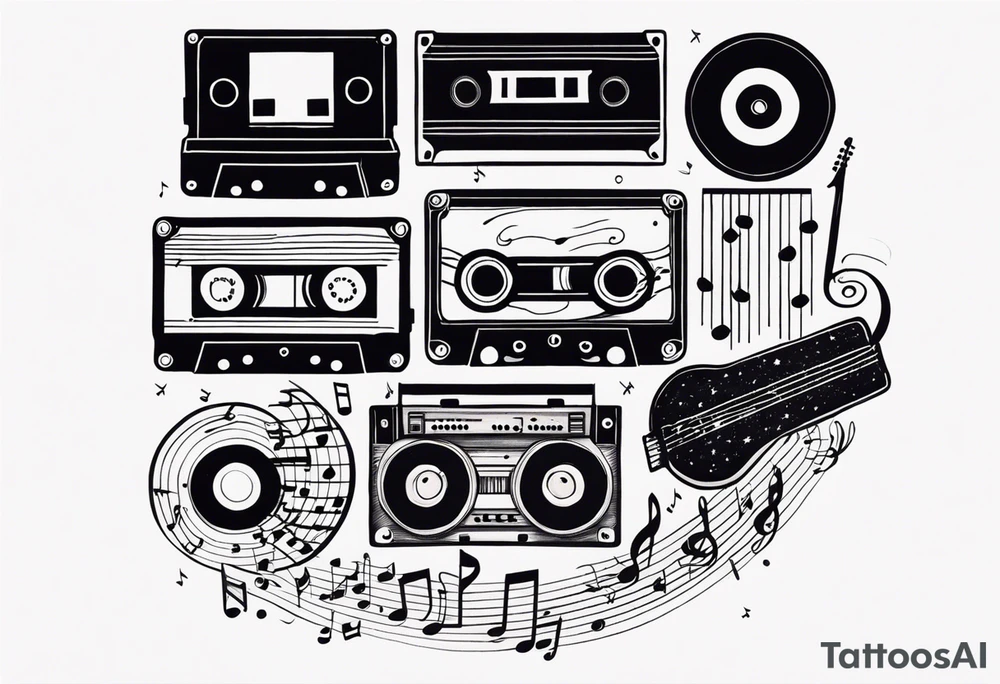 1/4 sleeve length
music notes, a cassette tape, and
instruments tattoo idea