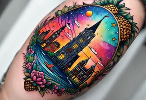 animals and featuring colours of the universe and galaxies feauturing animals and pineapples in amsterdam city featuring Amsterdam buildings and canal made of glass tattoo idea