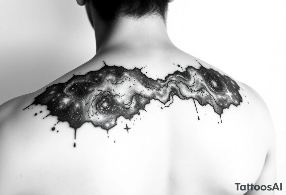 The galaxy using negative spaces that covers the shoulder and migrates down the back tattoo idea