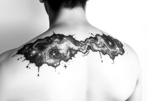 The galaxy using negative spaces that covers the shoulder and migrates down the back tattoo idea
