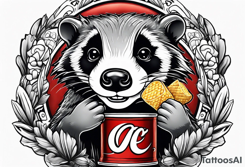 badger with mouth open with soda can and chips in hands tattoo idea