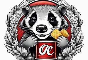 badger with mouth open with soda can and chips in hands tattoo idea