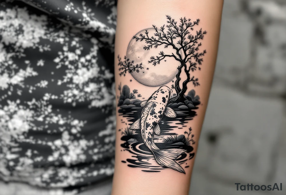 a koi fish swimming upstream in a pond moonlight by the full moon with a sakura tree by the pond tattoo idea
